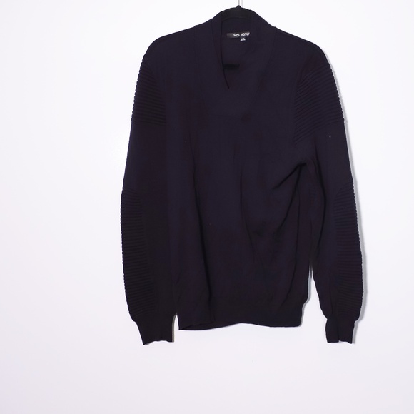 Neil Barrett Men's Wool Knit V Neck Ribbed Shoulder Pullover Sweater Navy Blue L
